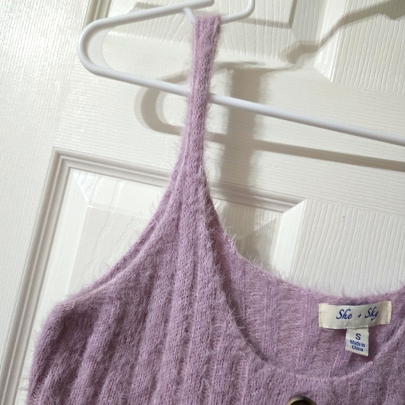 She + Sky Cropped Lavender Fuzzy Eyelash Ribbed Sweater Tank, Button Detail, EUC - Picture 3 of 6
